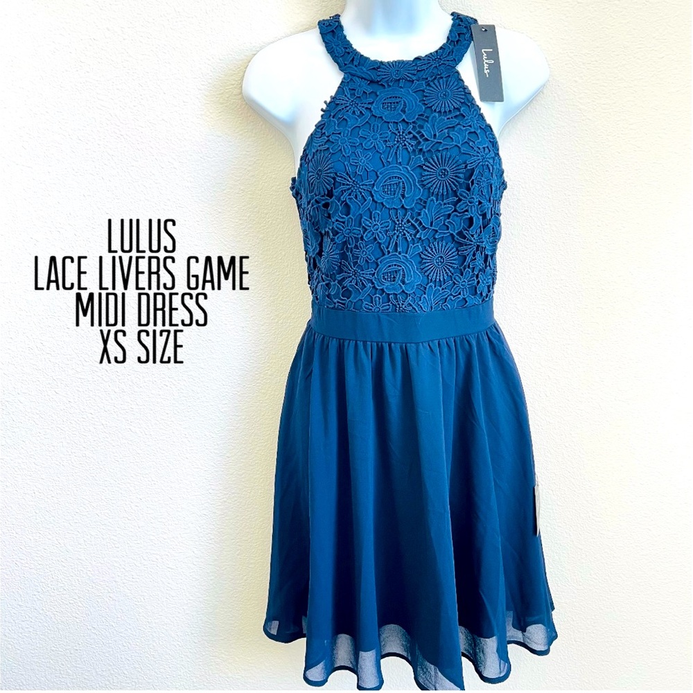 Lulus women navy midi lace lovers game dress zip back, sleeveless lace top Sz XS